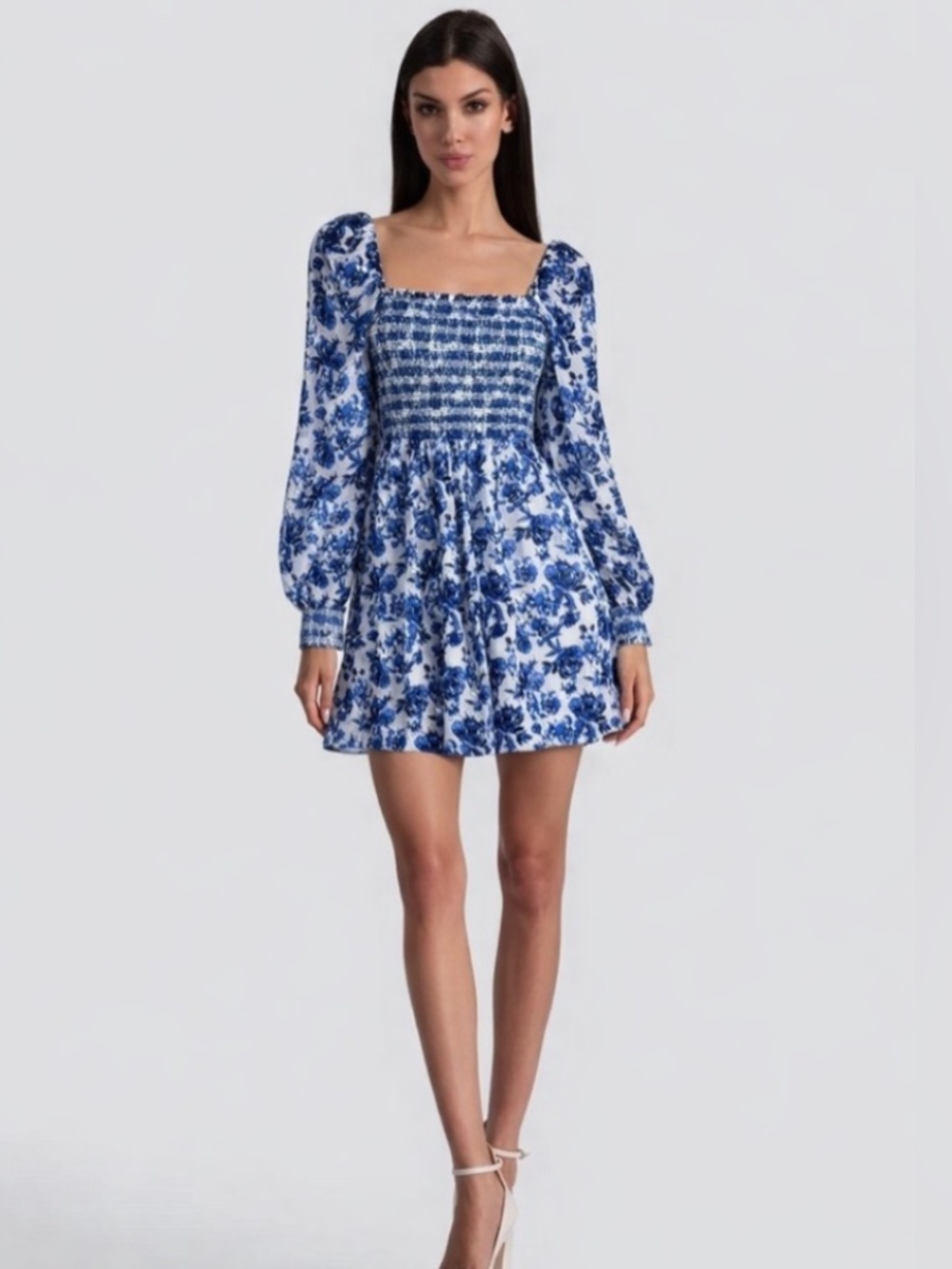 Alice + Olivia Blue Floral Smocked Mini Dress with Long Puff Sleeves size 4